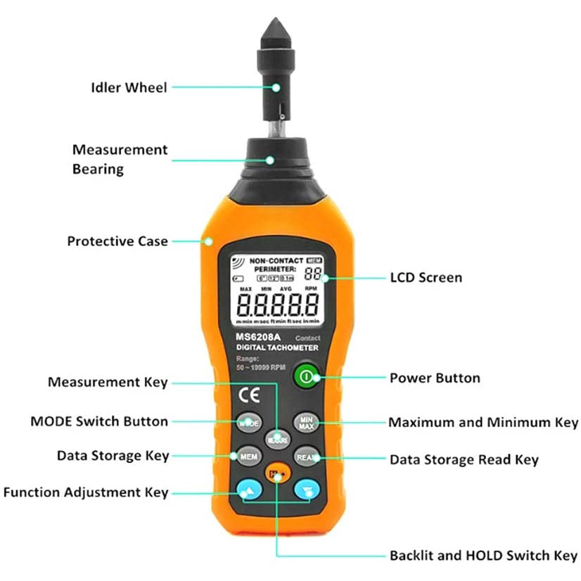 PeakMeter PM6208A High Quality Contact-type Digital Tachometer Meter High Performance Max 50-19999RPM