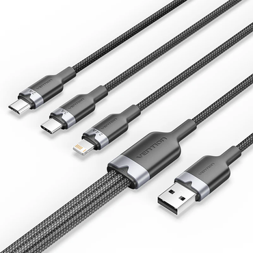 Vention 1.5-Meters USB 2.0 Type-A Male to 3-in-1 Type-C / L PD / Micro-B Male 3A Fast Charging Cable 480Mbps Data Transmission Speed Aluminum Alloy Type