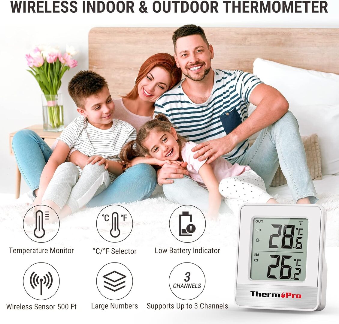 ThermoPro TP200C Wireless Indoor Outdoor Thermometer with 150m Range, Rainproof Sensor, Supports 3 Channels, Accurate Digital Temperature Monitor for Home, Garden Cellar, Greenhouse & Living Room
