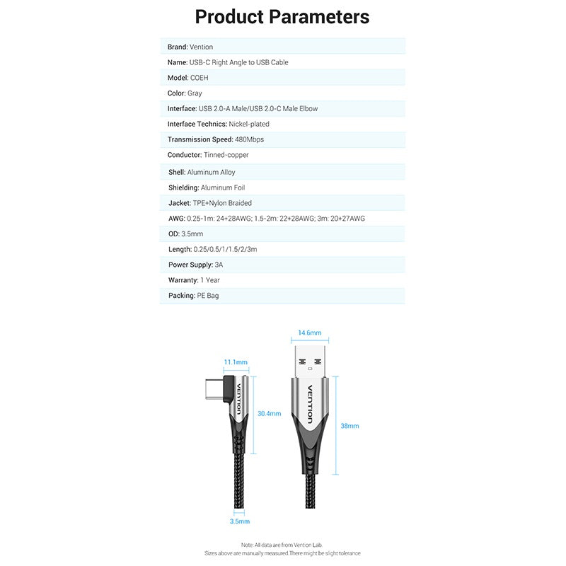 Vention Right Angle Type-C Male to USB 2.0-A Male Nickel Plated Braided 3A Fast Charging Cable with 480Mbps Transfer Speed for Smartphones | COEH