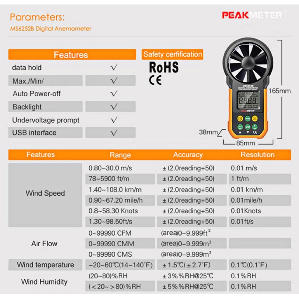 PeakMeter PM6252B Digital Anemometer Air Speed Velocity Air Flow Meter with Air Temperature Humidity RH USB Port