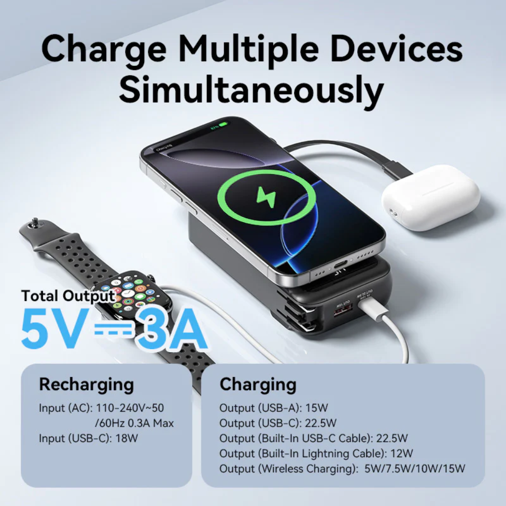 Vention 10000mAh Power Bank 15W Magnetic Wireless Charging Built-in USB-C and iPh Cable includes EU/US/UK AC Convertible Adapters with Airline-Approved for Travel