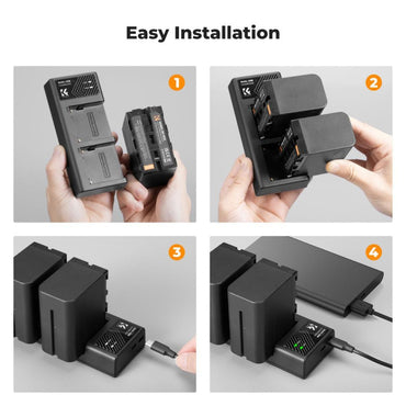 K&F Concept NP-F970 2pcs (2-Pack) 6600mAh Battery + Dual Bay Charger Set Kit, Overall Charging Protection, USB Type-C / Micro USB Ports for Sony Camcorders, LED and Ring Lights and On-Camera Monitors