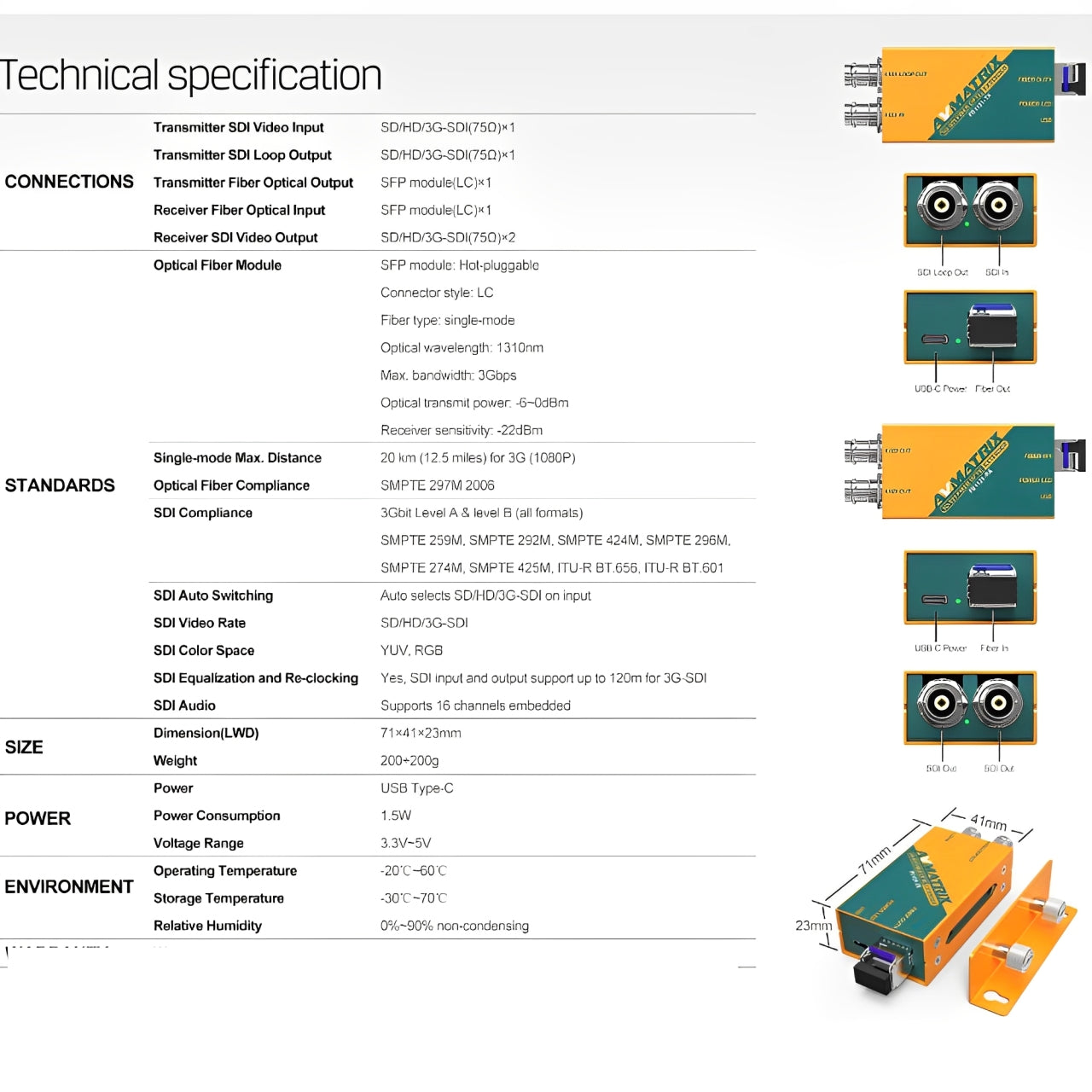 AVMatrix 12G-SDI Over SFP / LC Fiber Optics Range Extender Kit with 10 KM Transmission Distance, and Automatic Bandwidth Switching for Up to 4K 60Hz Resolution | FE1121-12G