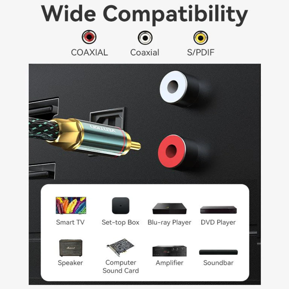 Vention RCA Cotton Braided Coaxial Cable (Hi-Fi) with Male to Male Gold Plated Plug Connectors and Dual Interl Shielding for Audio Visual Equipment and Sound Systems Smart TV CD / DVD Players Amplifiers Speakers and more