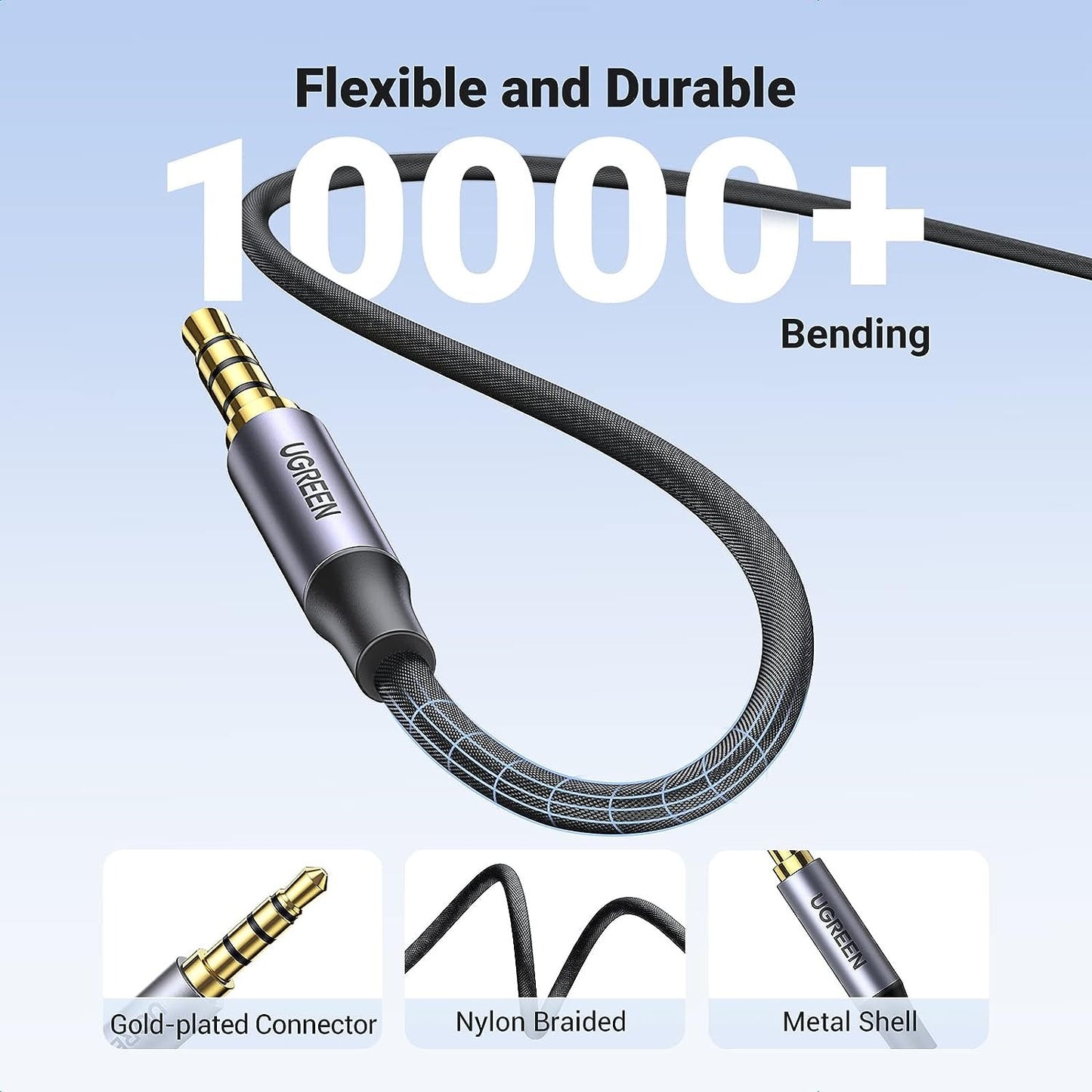UGREEN 3.5mm 4-Pole TRRS Male to Male AUX Audio Cable Hi-Fi with Gold-Plated Jack Connectors, Nylon Braided Jacket, Multi-Layer Shielding for PC, Phone, Tablet, Speaker, Amplifier, etc. (0.5M, 1M, 1.5M, 2M, 3M, 5M)