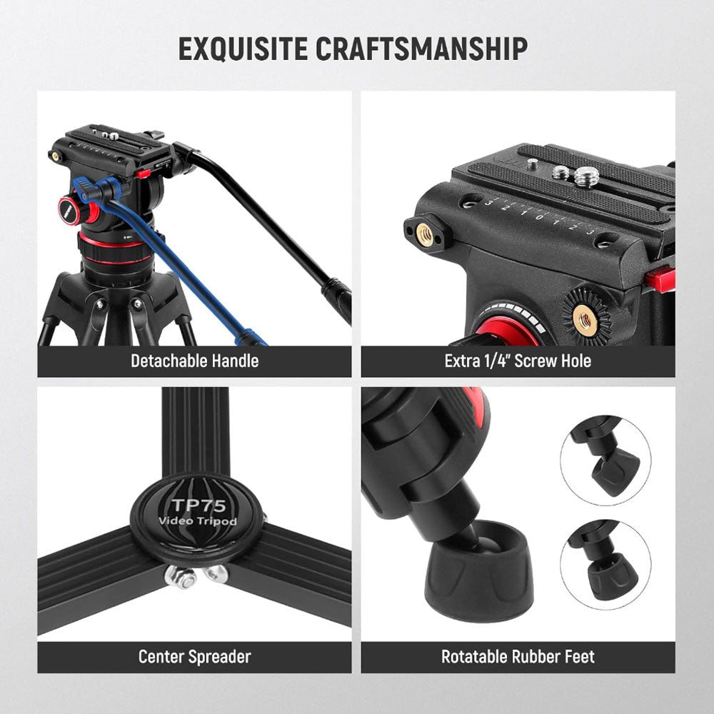 Neewer GM88 74" Pro Video Tripod with 360° Pan&-75°/+90° Tilt Head Quick Release Plate and 189cm Max. Height,10kg Max. Load Capacity for DSLR, SLR, Mirrorless, Movie, Cinema Camera