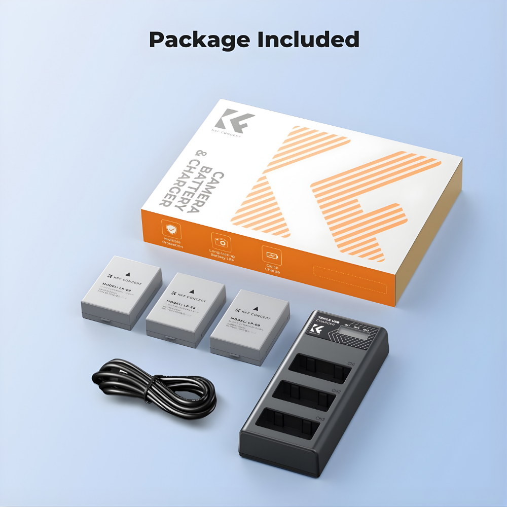 K&F Concept LP-E8 LPE8 (3-Pack) Batteries Triple Bay USB Charger Kit