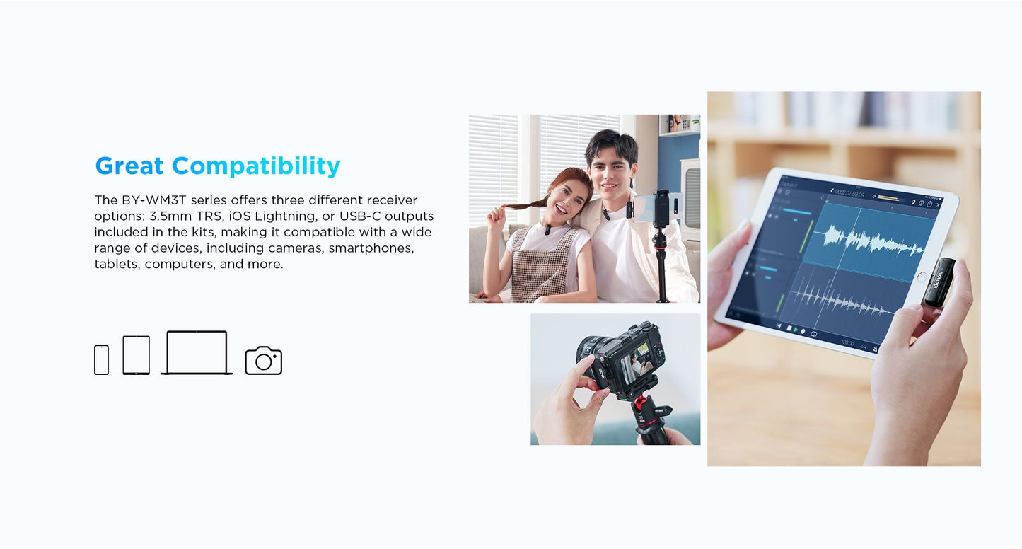 BOYA BY-WM3T-U2 2 Person 2.4GHz Dual Channel USB Type-C Wireless Omnidirectional Microphone System with Noise Cancellation, Bypass Charging, 100m Max Range, Plug and Play For Vlogging and interviews