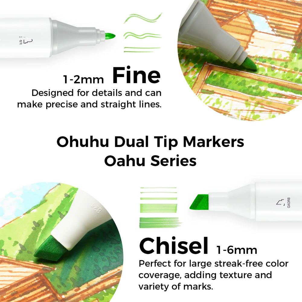 OHUHU Oahu 40pcs Basic Colors (Fine & Chisel) Dual Tip Alcohol Based Art Markers Y30-80403-63 for Sketching, Illustration, Drawing & Writing | Stationery, Arts & Craft - Colored Pens & Markers