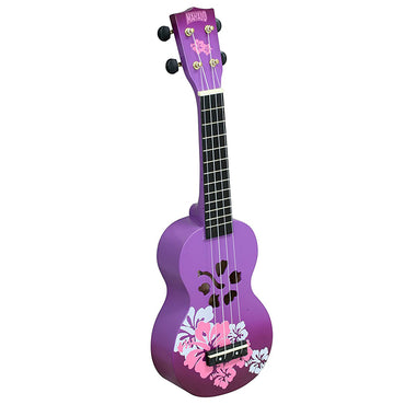 Mahalo Hawaii Hibiscus Flower Series Soprano Acoustic Ukulele 4 String Guitar Gold-Plated with 12 Frets, NuBone XB (Purple Burst)