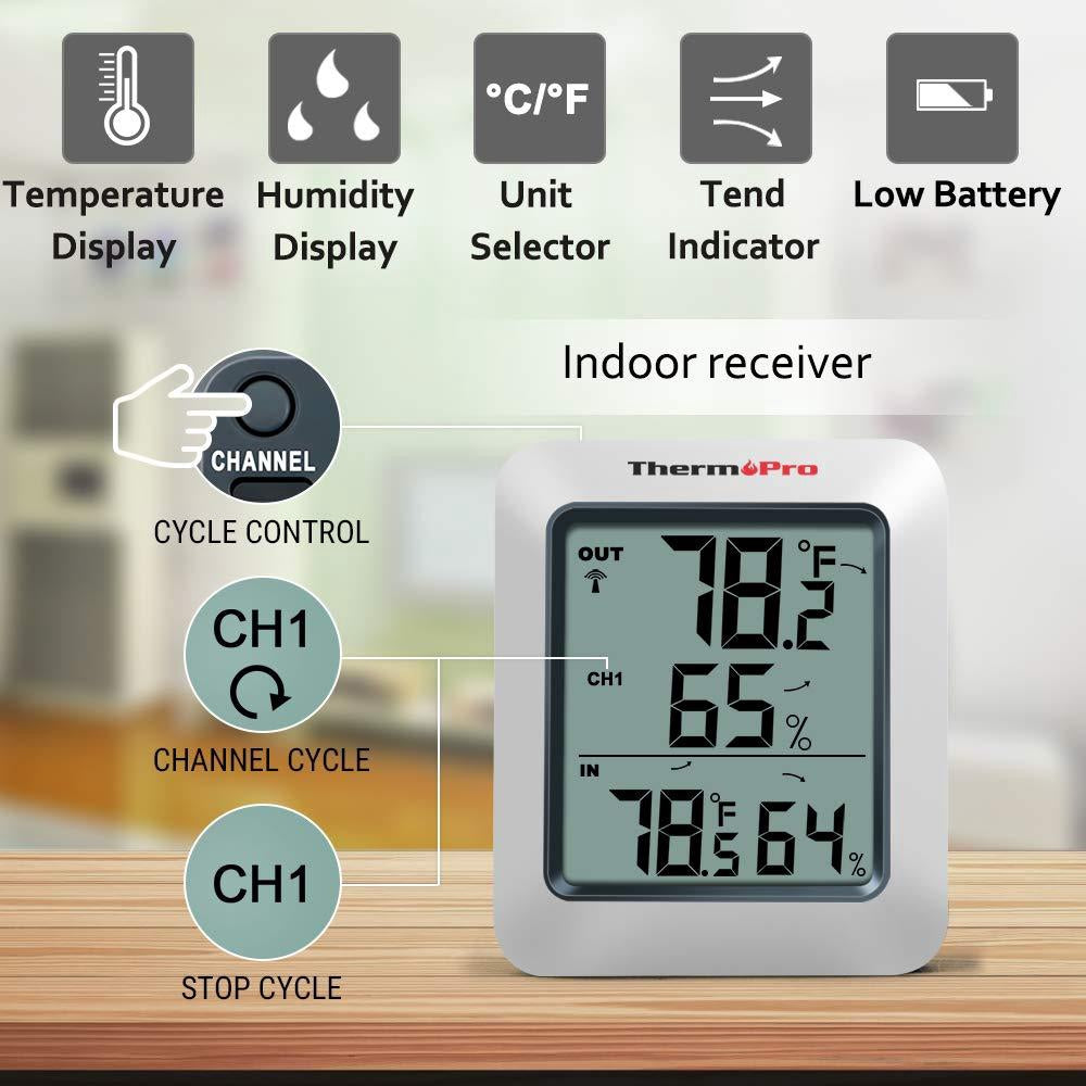ThermoPro TP-60 Digital Hygrometer Indoor Outdoor Thermometer Humidity Monitor, with Temperature Gauge Meter, Wireless, 200ft/60m Range