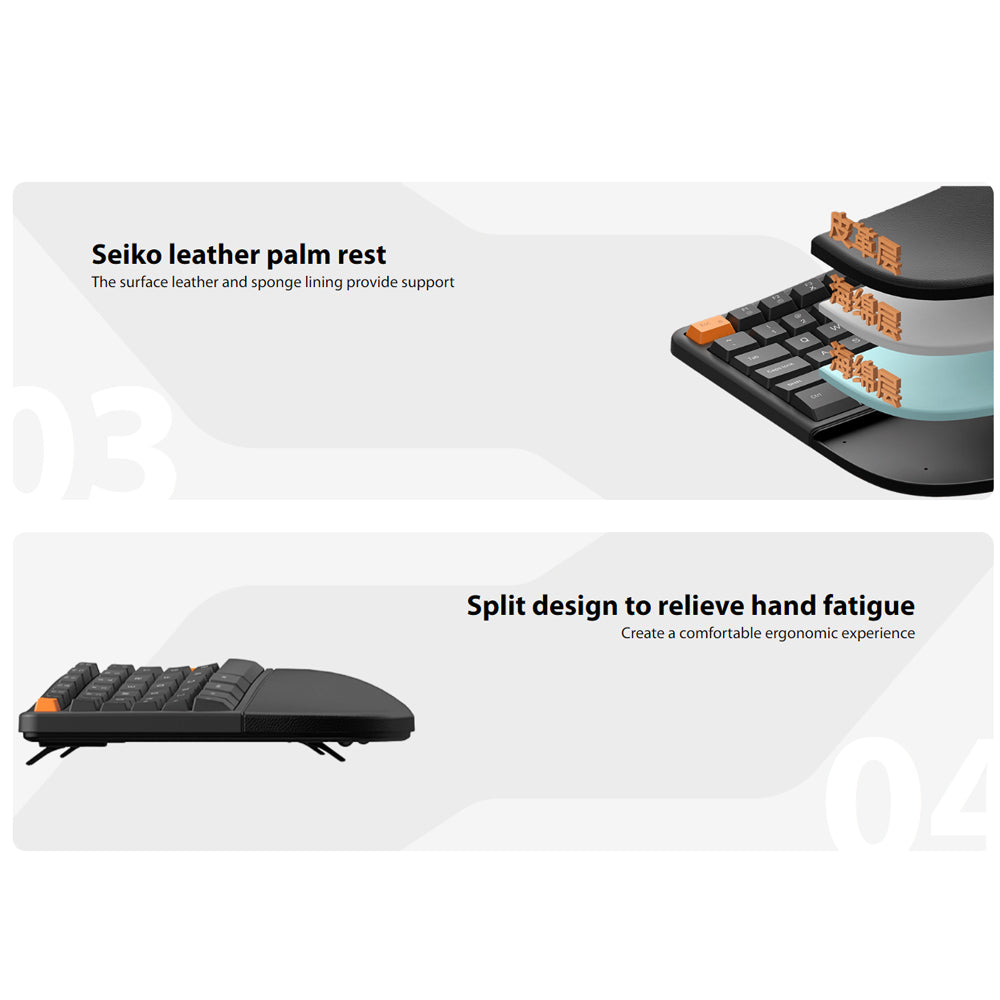 Delux GM905DB Wireless Bluetooth Ergonomic Split Membrane Keyboard 2.4G with Palm Rest, No Backlit, 10 Outstanding Yellow Keys, 112 Keys + 5 Vol, Screen Light Keys for Windows, Mac, Android