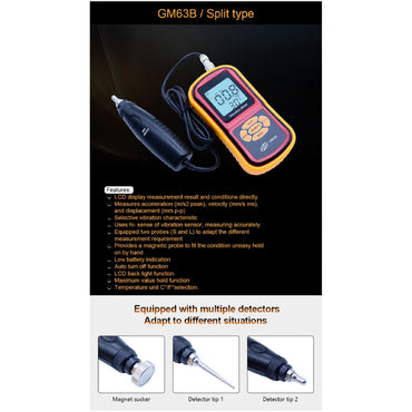 Benetech GM63B Digital Displacement / Velocity / Acceleration Measurement Vibrometer Vibration Meter + Temperature Meter