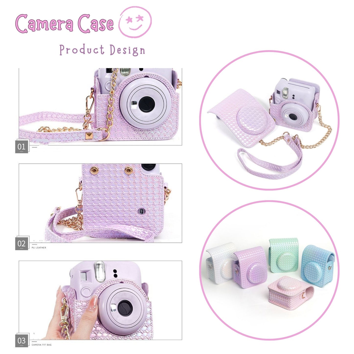 Pikxi Metallic Finish Basket Weave Pattern Photo Album and Case for FUJIFILM Instax Mini 12 Instant Film Camera - Available in Pastel Blue, Blossom Pink, White, Mint Green, Purple and Silver Colors
