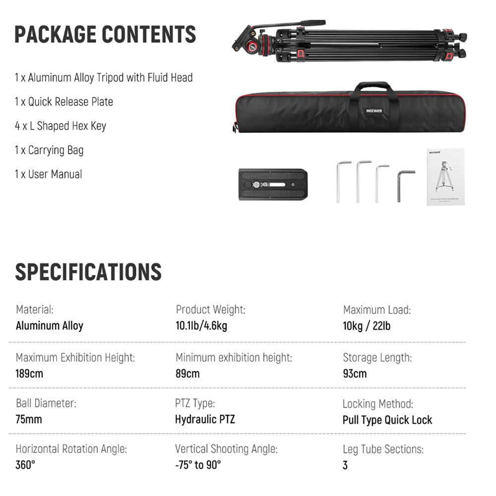 Neewer GM88 74" Pro Video Tripod with 360° Pan&-75°/+90° Tilt Head Quick Release Plate and 189cm Max. Height,10kg Max. Load Capacity for DSLR, SLR, Mirrorless, Movie, Cinema Camera
