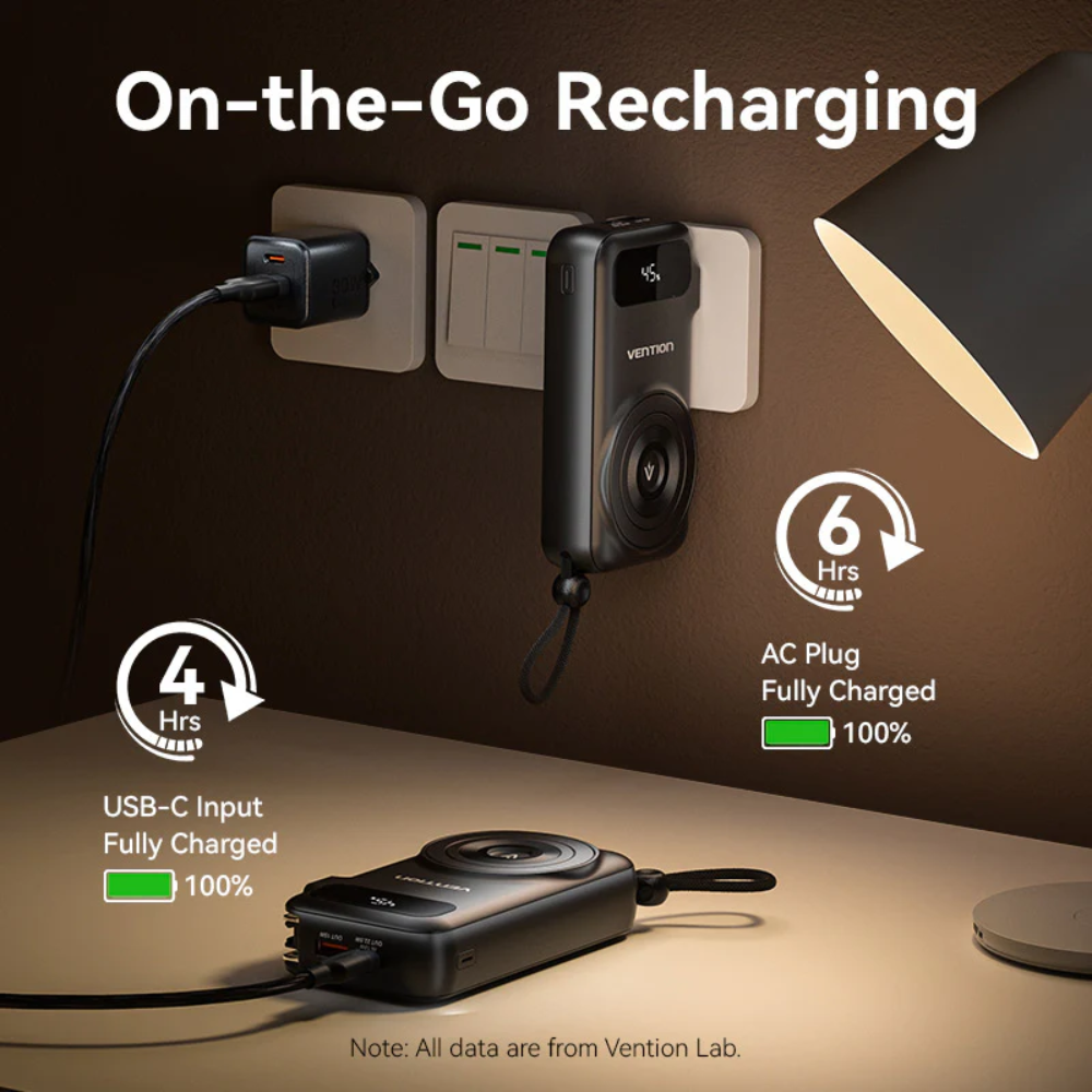 Vention 10000mAh Power Bank 15W Magnetic Wireless Charging Built-in USB-C and iPh Cable includes EU/US/UK AC Convertible Adapters with Airline-Approved for Travel