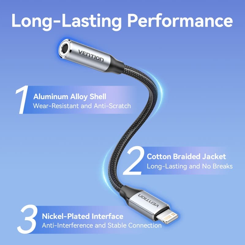Vention iPh Male to 3.5mm Earphone Jack Adapter with Cotton Braided Exterior for Cars, Mobile