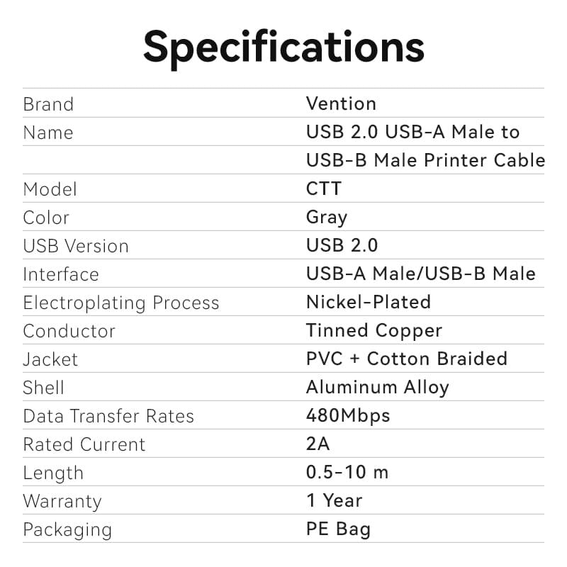 Vention USB 2.0 Male to B Male Printer Cable Gray Aluminum Alloy With All-in-One Devices, Printers, Scanners, Fax (CTT)