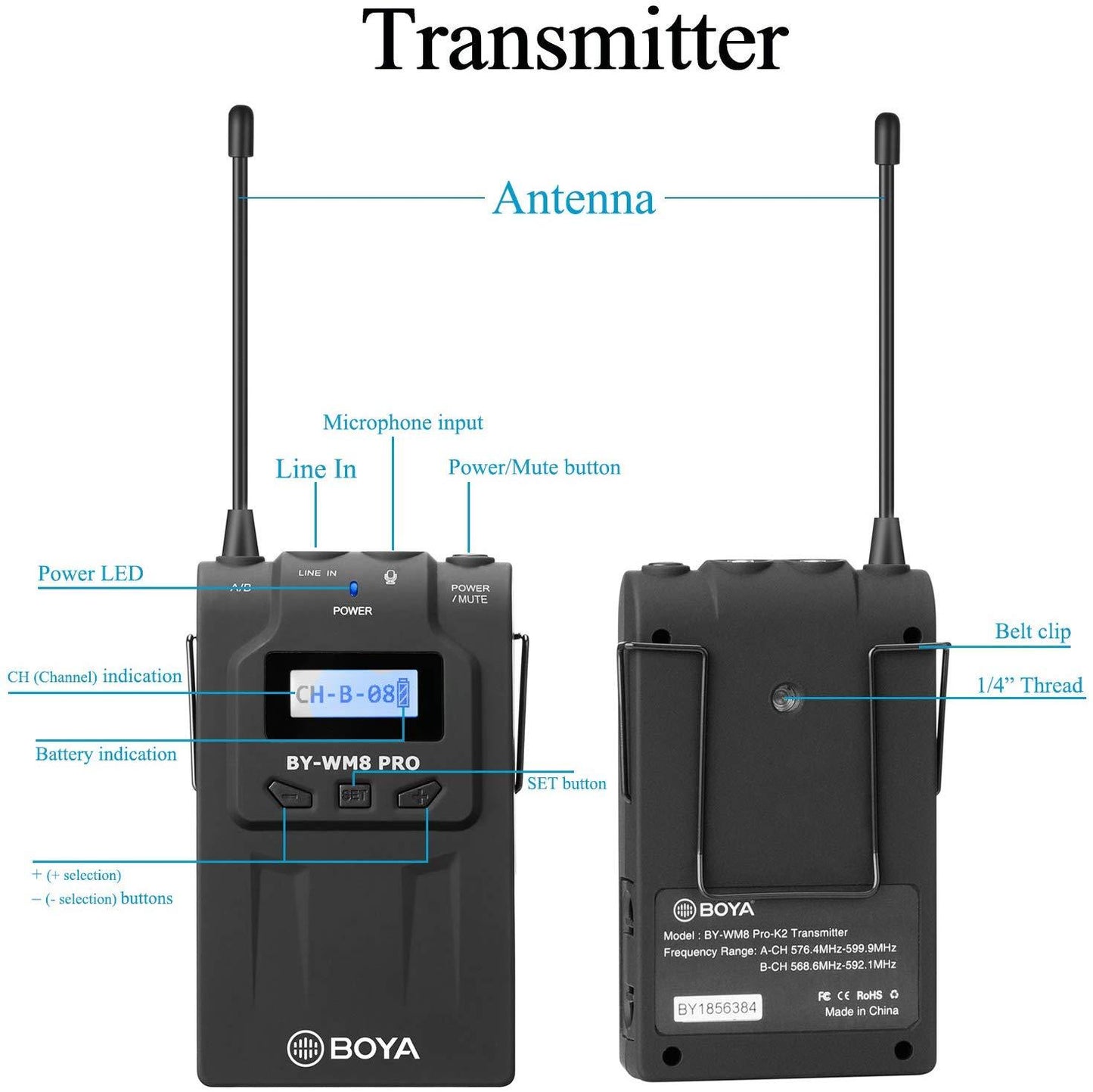 Boya TX8 Pro Dual-channel Wireless Bodypack Transmitter Unit with Omnidirectional Lavalier Mic for the BY-WM8 PRO Wireless Lavalier Microphone System | JG Superstore