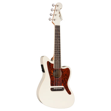 Fender Fullerton Jazzmaster 19 Frets 4 Strings Concert Electric Ukulele Guitar with Cutaway, Walnut Fingerboard, Built-In FE-U01 Preamp for Musicians (Olympic White)