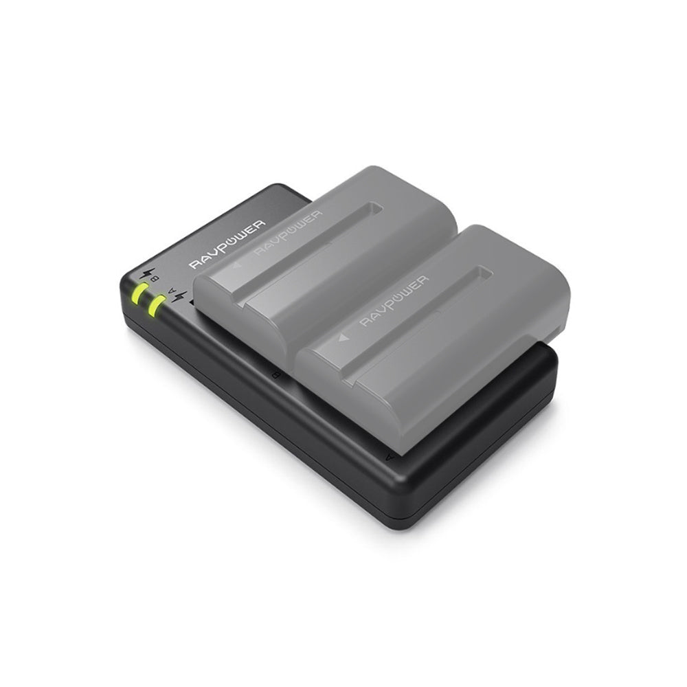 RAVPower NP-F550 Battery Charger and 2-Pack Rechargeable Li-ion Batteries for Sony NP F970, F750, F770, F960, F550, F530, F330, F570, CCD-SC55, TR516, TR716, TR818, TR910, TR917 and more (2-Pack Replacement Battery Kit, Dual Slot Charger)