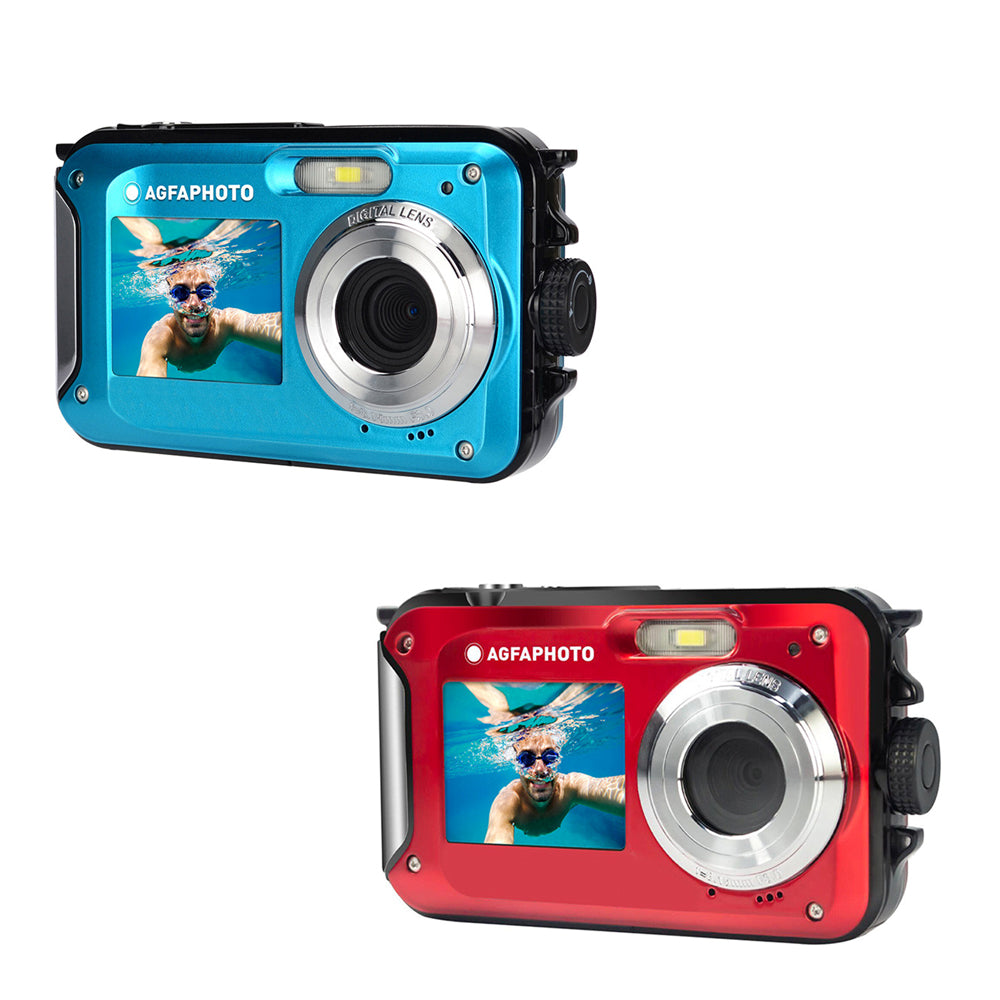 AGFAPHOTO Realishot (WP8000) 24MP Waterproof Digital Camera with CMOS Sensor, 2.7K Video, 16x Zoom, Dual 1.8" Front / 2.7" Rear Screen, 3m / 10Ft Max Depth Resistance Max 128GB Memory Storage Support for Underwater Photo Video | Blue, Red