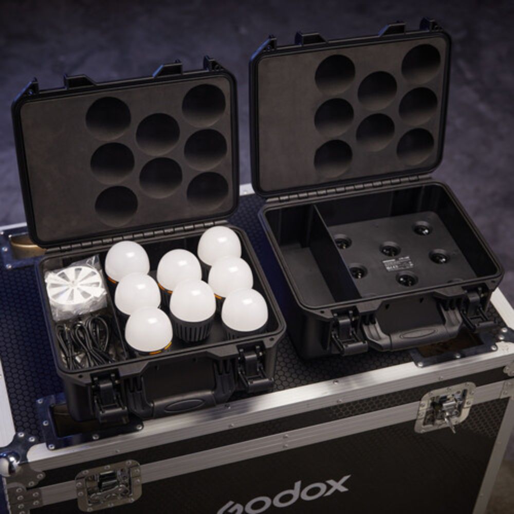 Godox C7R KNOWLED 8-Light RGBWW E26 / E27 Creative Bulb and Charging Case 2500K-5800K CRI 96+ / TLCI 97+ 2000-10000K CCT Round Cup Bouncer Diffusers, Bluetooth Control via Godox Light App, and Built-In Battery for Studio Lighting