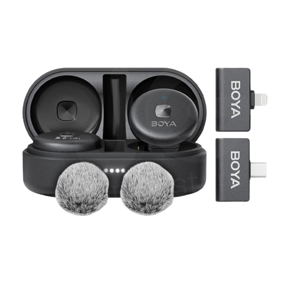 BOYA Omic-U 2 Person Dual Channel 2.4GHz Wireless Omnidirectional Microphone System USB Type-C w/ 50m Max Range, HD Audio & Noise Cancellation, Detachable Magnetic Belt Clip and Wireless Charging Case for Vlogging
