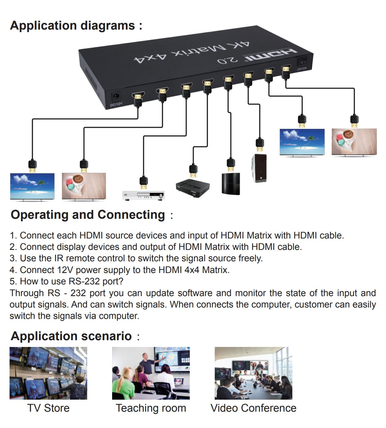 ArgoX 4x4 HDMI Matrix Video Switch Splitter with 4K 60Hz, IR and RS232 Control, Supports 3D, 10.2Gbps Data Rate, RGB/YUV | HDMX4x4-B