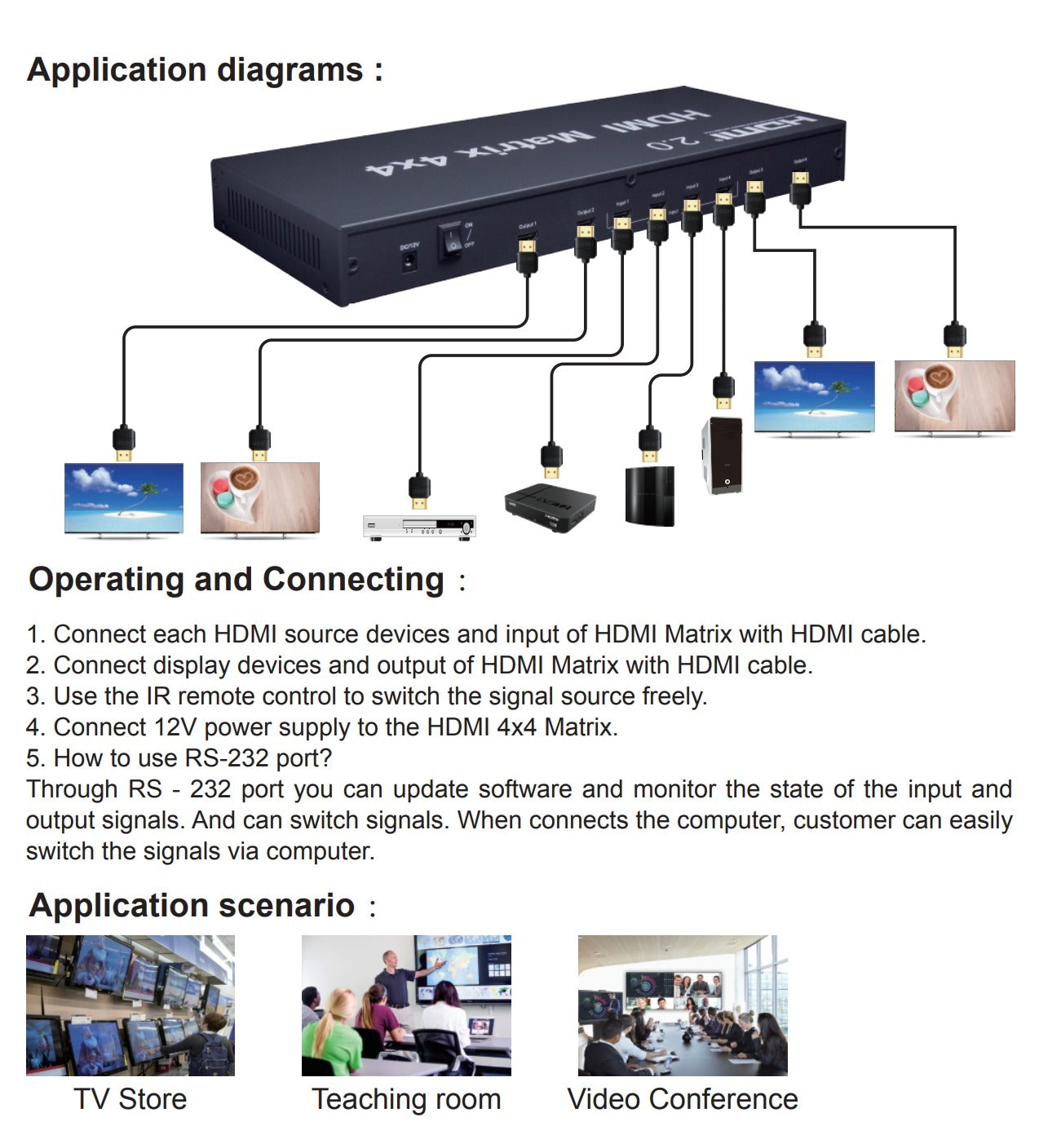 ArgoX 4x4 HDMI 2.0 Matrix Video Switch Splitter with 4K 60Hz, IR Remote and RS232 Control, EDID Button, Support 3D, 18Gbps Data Rate, HDMI HDCP2.0, Audo LPCM/Dolby-TrueHD/DTS-HD | HDMX4x4-V2.0