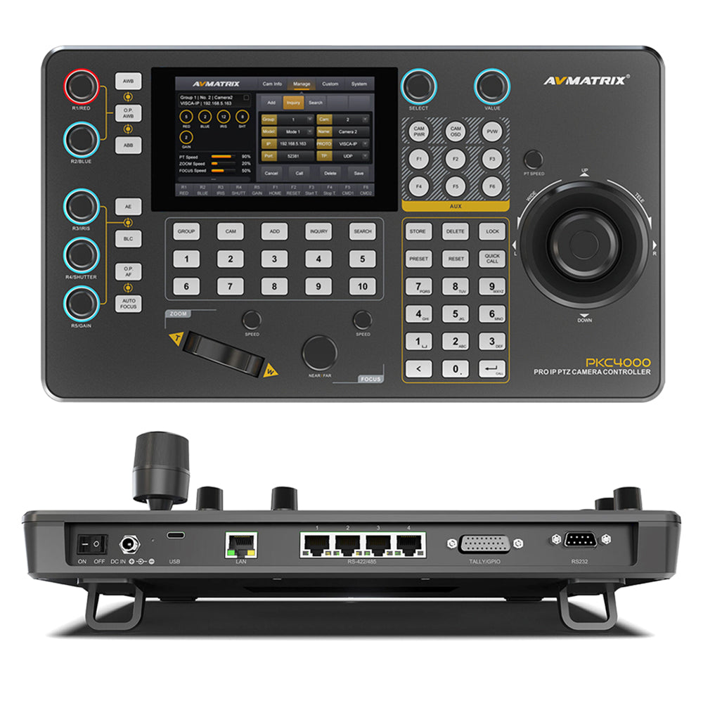 AVMatrix PKC4000-NDI IP Serial PTZ Camera Joystick Controller 5" Touchscreen Display, IP / 4S-422 / RS-485 / RS-232 Controls, Max 100 Camera Input and 255 Presets, Track Record + Playback, VISCA VISCA-IP ONVIF PELCO P&D Protocols