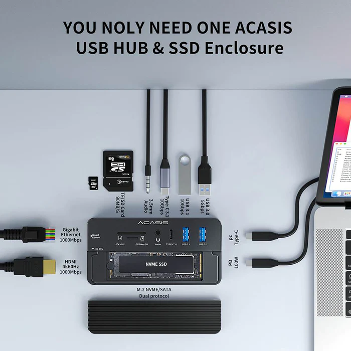 ACASIS CM073 10-in-1 USB Type-C Hub Docking Station with M.2 NVMe SSD Enclosure, TF / SD Card, Ethernet Port, 4K HD 60Hz HDMI, 100W PD Fast Charging, and Supports 10Gbps High Speed Data