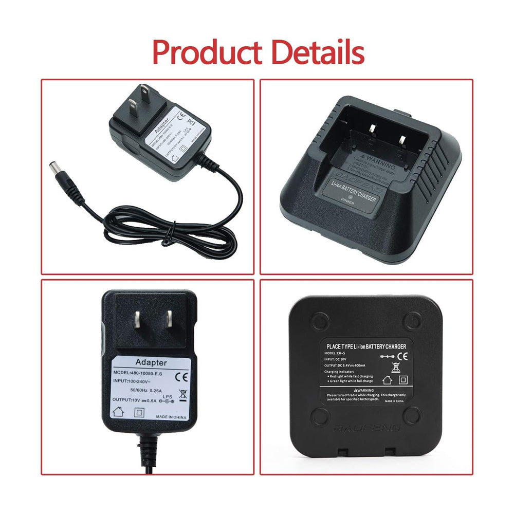 BaoFeng Radio Lithium Battery Charger for Walkie-Talkie UV5R, UV5RA, UV5RB, UV5RC, UV5RD, UV5RE, UV5R+Plus, UV5RA +Plus, RD-5R with DC8V Output Voltage and 400mAh Output Current