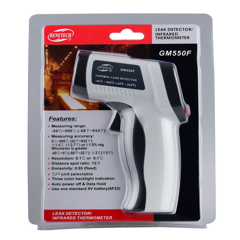 Benetech GM550F Non-Contact Infrared Thermometer / Thermal Leakage Detector (Battery Included) with Temperature Sensor from -50° to 500°C, LCD Display for Hot Hazardous Objects, Body & Forehead Temperature Check