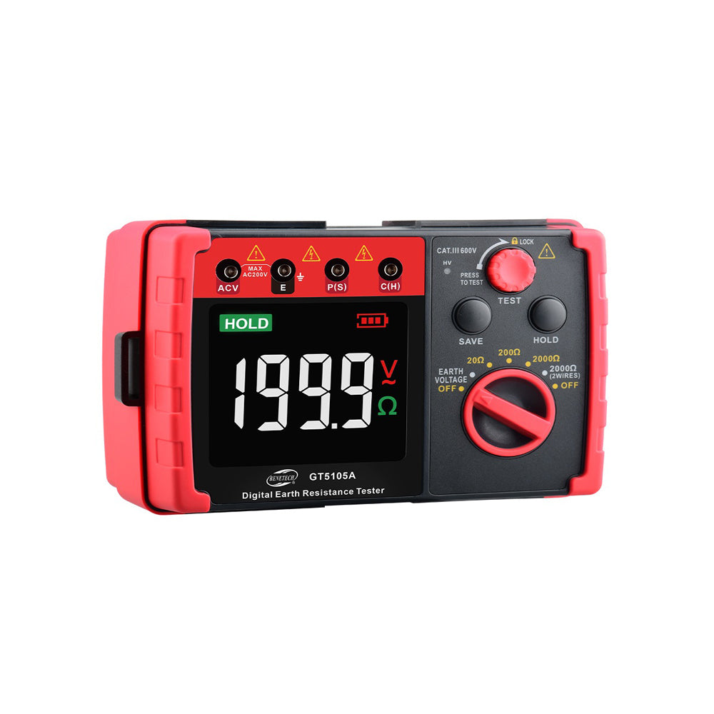 Benetech GT5105A Ground Earth Resistance Tester (Battery Included) with Data Logging, Testing Probes & Leads, Built-In Electrical Multimeter for Sizing and Projecting Grounding Grids