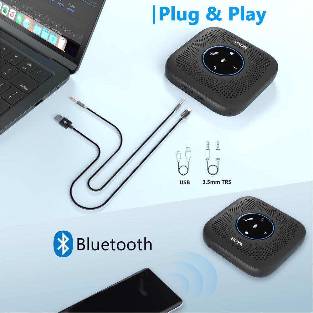 BOYA BLOBBY PRO Bluetooth Conference Speaker Microphone with up to 16Hrs Battery Life, 3.5mm TRS Audio Connectivity, 4-Element Mic Array for 360 Degrees Voice Pickup, Touch Panel for Mute/Calls/Volume, Real Time Monitoring for Meetings