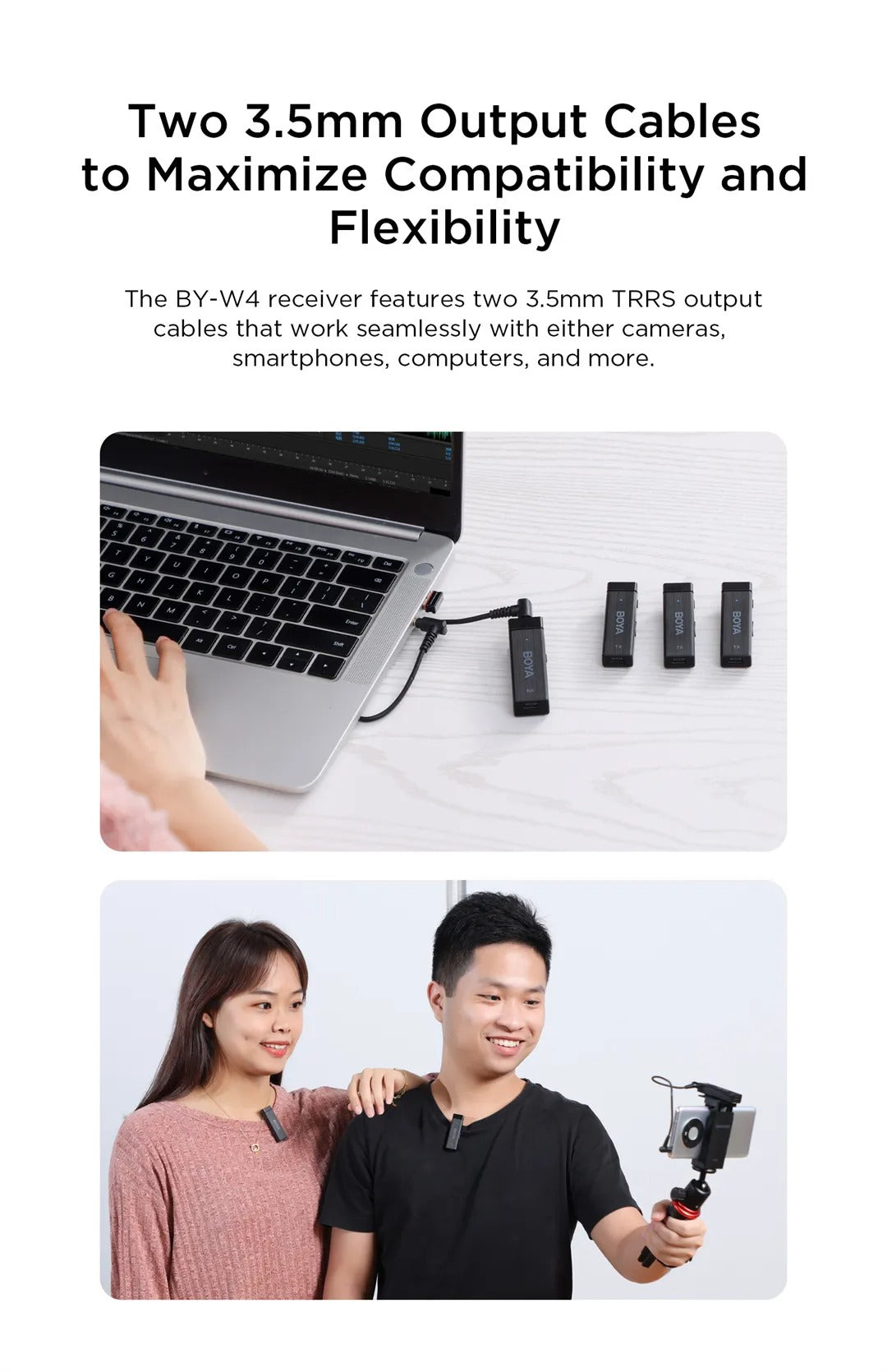 Boya BY-W4 Ultracompact 2.4GHz Four-Channel Wireless Microphone System for Cameras, Smartphones, Tablets, PC with 4 Transmitter, 1 Receiver, 30m Range, 360 Degree Omnidirectional Sound, 3.5mm TRRS Output, 2 Selectable Patterns TX RX