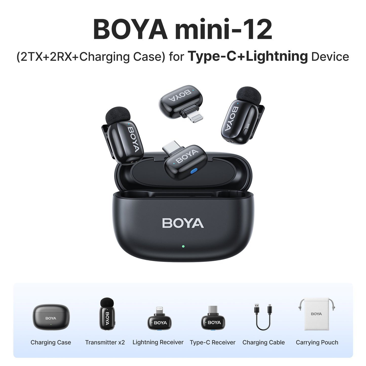 Boya Mini 2-Person Dual TX + RX 2.4GHz Wireless Microphone System Transmitter + Receiver USB Type-C / Lightning Ports / 3.5mm TRS, 100m Max Range, 3 Level AI Noise Reduction, 30Hrs Battery Life for Vlog Vlogging, Content Creation