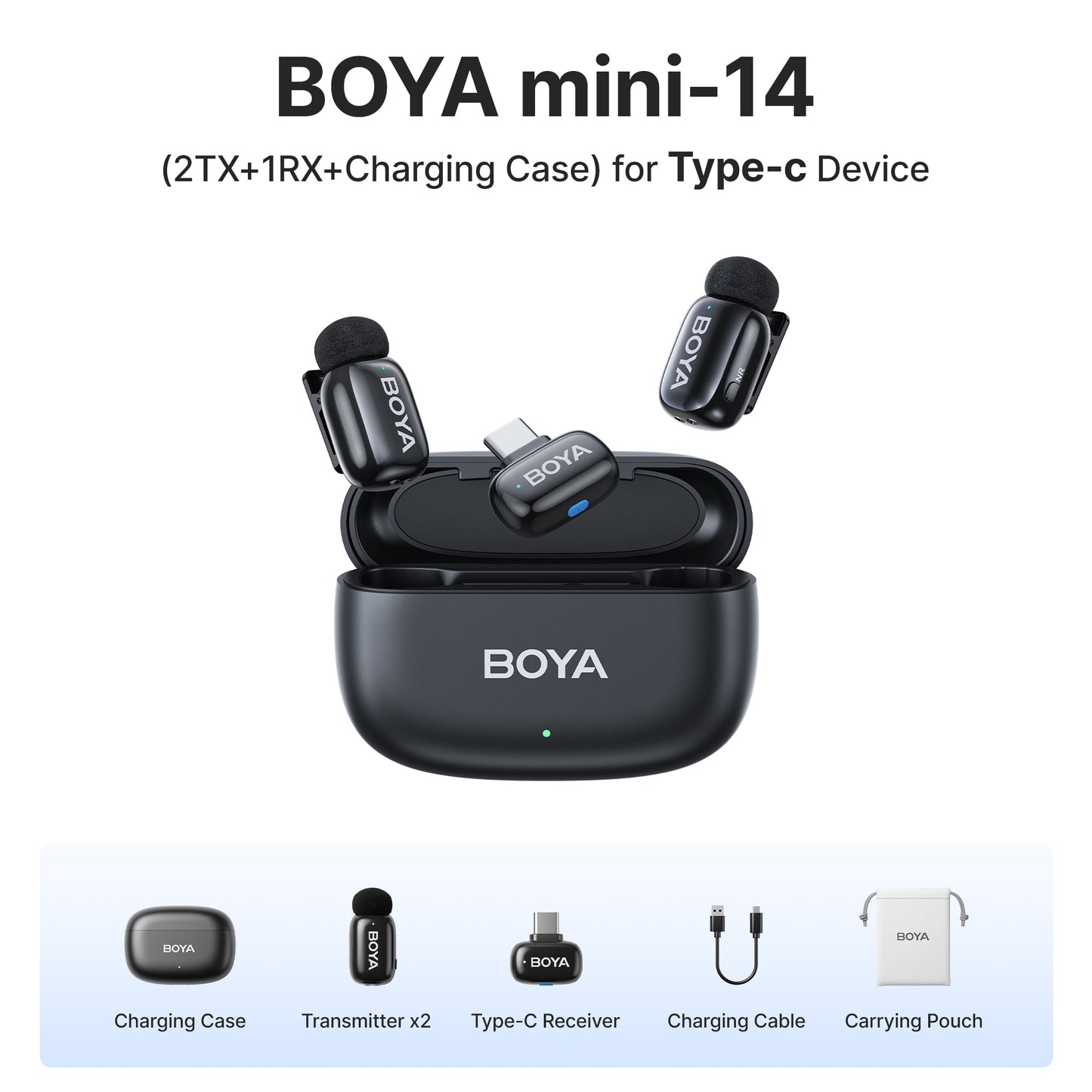Boya Mini 2-Person Dual TX + RX 2.4GHz Wireless Microphone System Transmitter + Receiver USB Type-C / Lightning Ports / 3.5mm TRS, 100m Max Range, 3 Level AI Noise Reduction, 30Hrs Battery Life for Vlog Vlogging, Content Creation