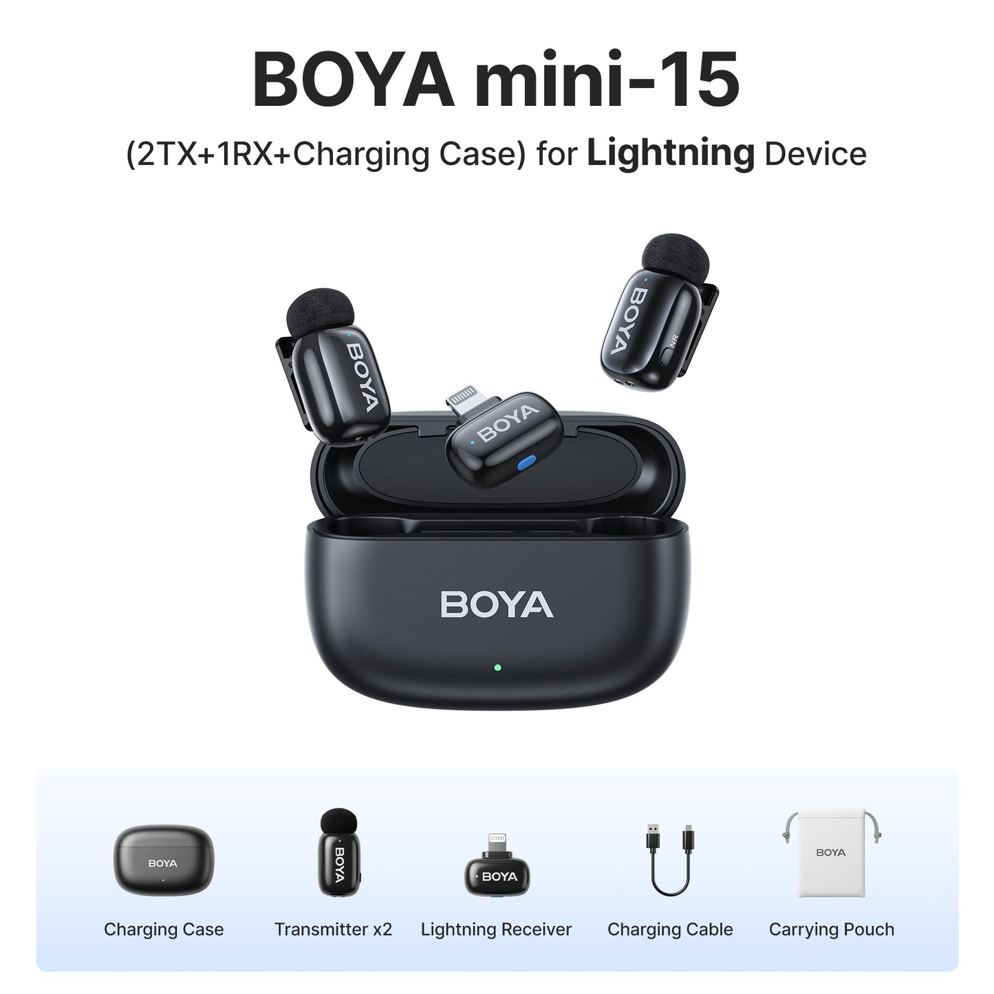 Boya Mini 2-Person Dual TX + RX 2.4GHz Wireless Microphone System Transmitter + Receiver USB Type-C / Lightning Ports / 3.5mm TRS, 100m Max Range, 3 Level AI Noise Reduction, 30Hrs Battery Life for Vlog Vlogging, Content Creation