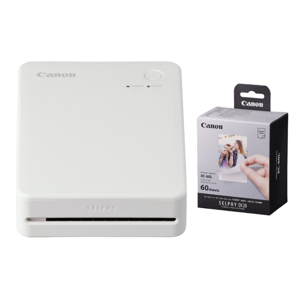 Canon SELPHY QX20 Portable Wi-Fi Photo Printer Starter Kit with XC-20L / XC-60L Ink & Sticker Photo Paper Set