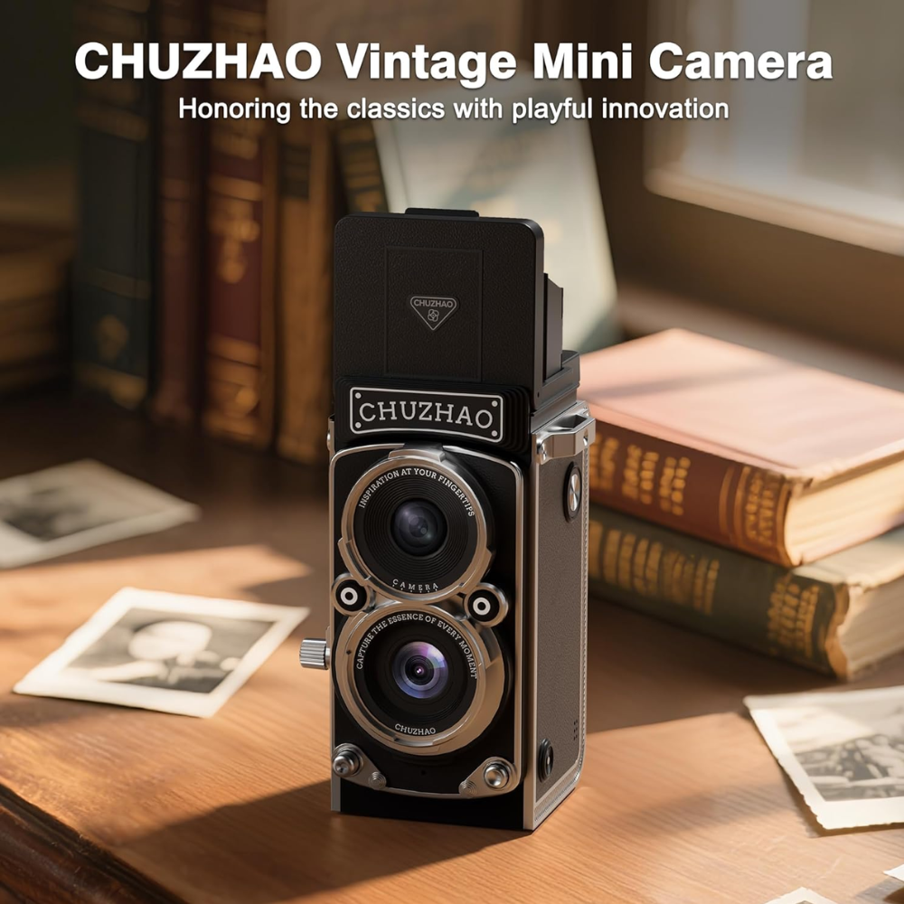 CHUZHAO 12MP TLR Digital Twin Lens Reflex Retro Style Toy Camera with 1080p FHD Video, 1.54" Top View IPS HD Screen, 32GB MicroSD Storage, USB Type-C Port, Rechargeable Li-ion Battery for Still Shots, Videography, Vintage Aesthetic
