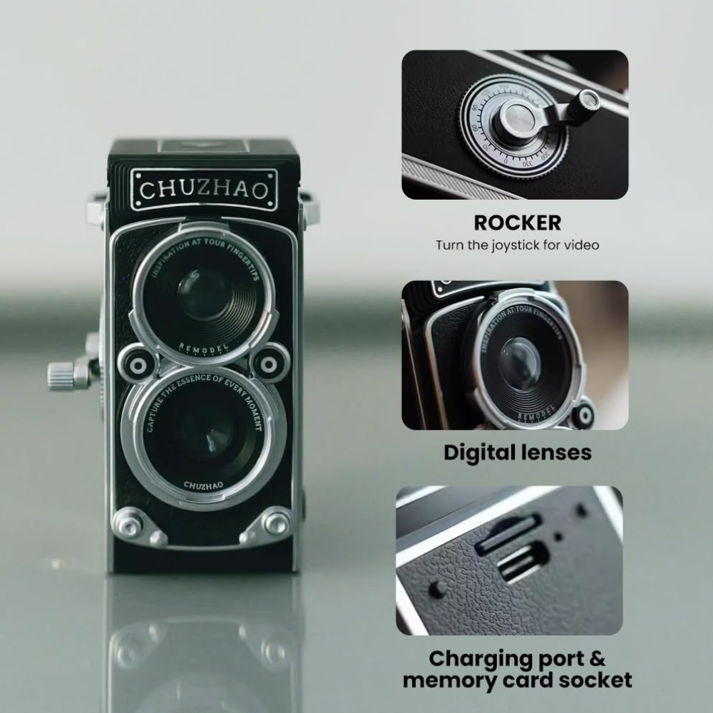 CHUZHAO 12MP TLR Digital Twin Lens Reflex Retro Style Toy Camera with 1080p FHD Video, 1.54" Top View IPS HD Screen, 32GB MicroSD Storage, USB Type-C Port, Rechargeable Li-ion Battery for Still Shots, Videography, Vintage Aesthetic