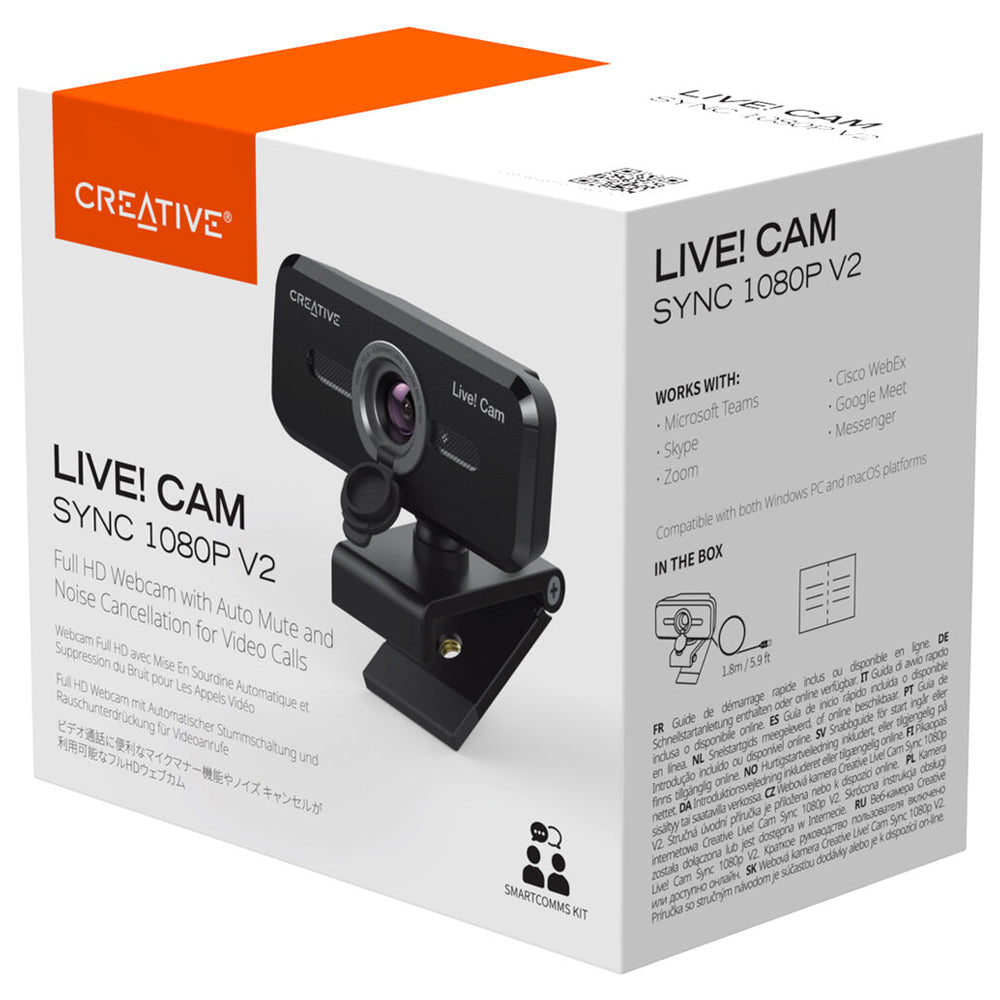 Creative Live! Cam Sync V2 1080P 2MP USB 2.0 Webcam with Auto Mute & Noise Cancellation, Built-In Dual Microphones, Camera Privacy Lens Cover, Clip & Screw Mount for Video Conference & Calls, PC, Laptop, Computer, Windows, macOS, Chrome OS
