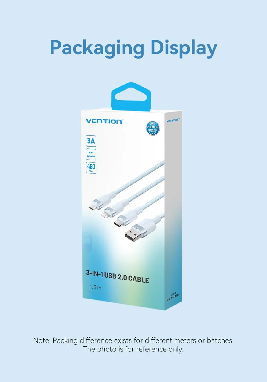 Vention 1.5-Meters USB 2.0 Type-A Male to 3-in-1 Type-C / L PD / Micro-B Male 3A Fast Charging Cable 480Mbps Data Transmission Speed Aluminum Alloy Type