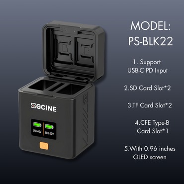 ZGCINE BLK22 Charging Case Dual Battery Charger for Panasonic Lumix S5II, GH5, G9, S9, GH7 & GH5S DMW-BLK22 Camera Batteries with 0.96" OLED Display, USB-C PD Input & Memory Card Storage (CFexpress Type-B, SD, microSD) | PS-BLK22
