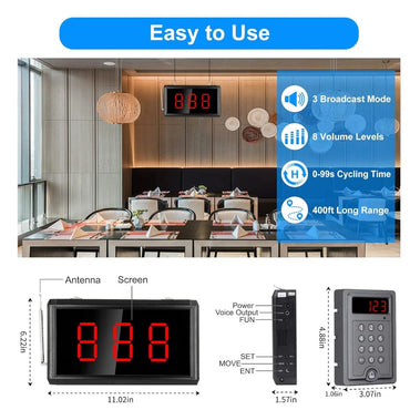 DAYTECH Wireless Number Display Restaurant Pager System Up to 400m Long Range Queue Number Waiting Calling System for Restaurant, Cafe, Clinic, Bank | CK01-US