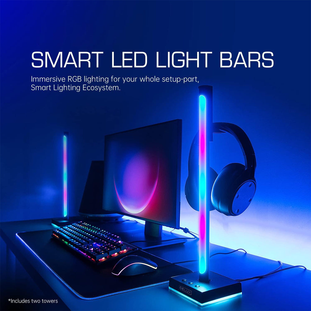 Delux DHS300 2pcs RGB Ambient Light Bars Gamer Headphones Stand Holder Smart Desktop LED with Music Sync, Voice and App Control, USB Type C