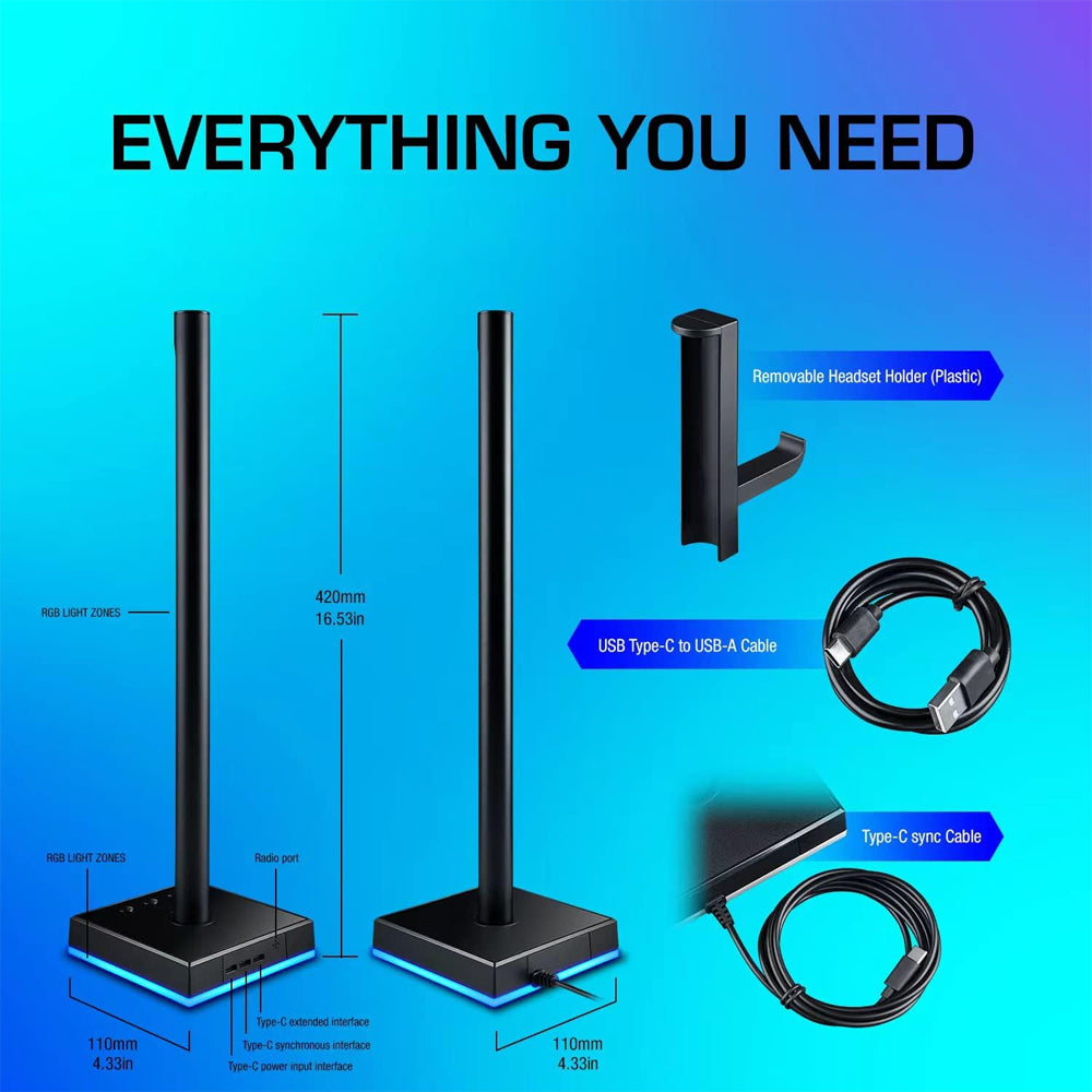 Delux DHS300 2pcs RGB Ambient Light Bars Gamer Headphones Stand Holder Smart Desktop LED with Music Sync, Voice and App Control, USB Type C